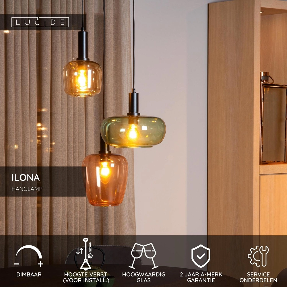 3-lichts hanglamp Ilona zwart met gekleurde glazen Lucide 5411212452740