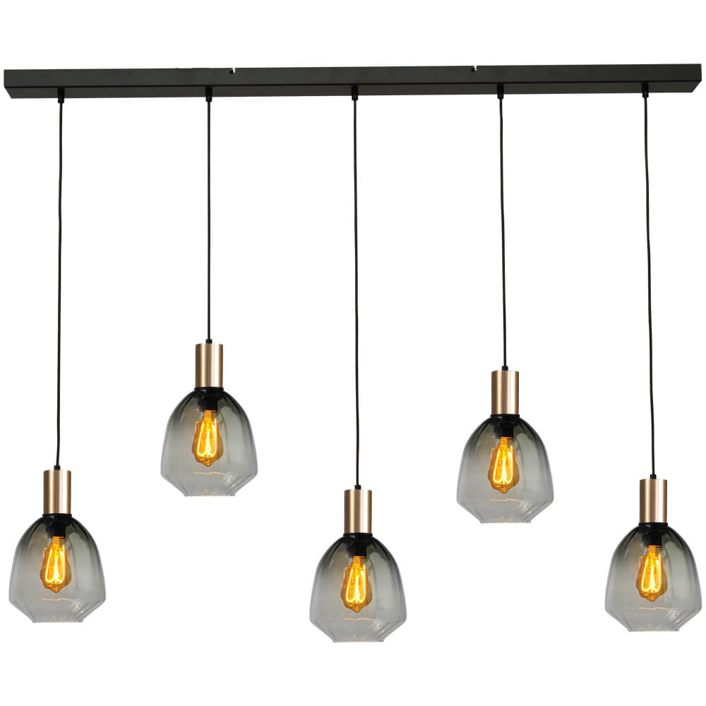 5-lichts hanglamp - goud - Porto met Nicolette green glazen