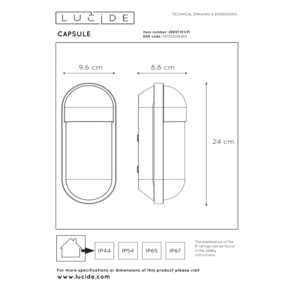 Wandlamp Capsule IP54 wit Lucide 5411212290465