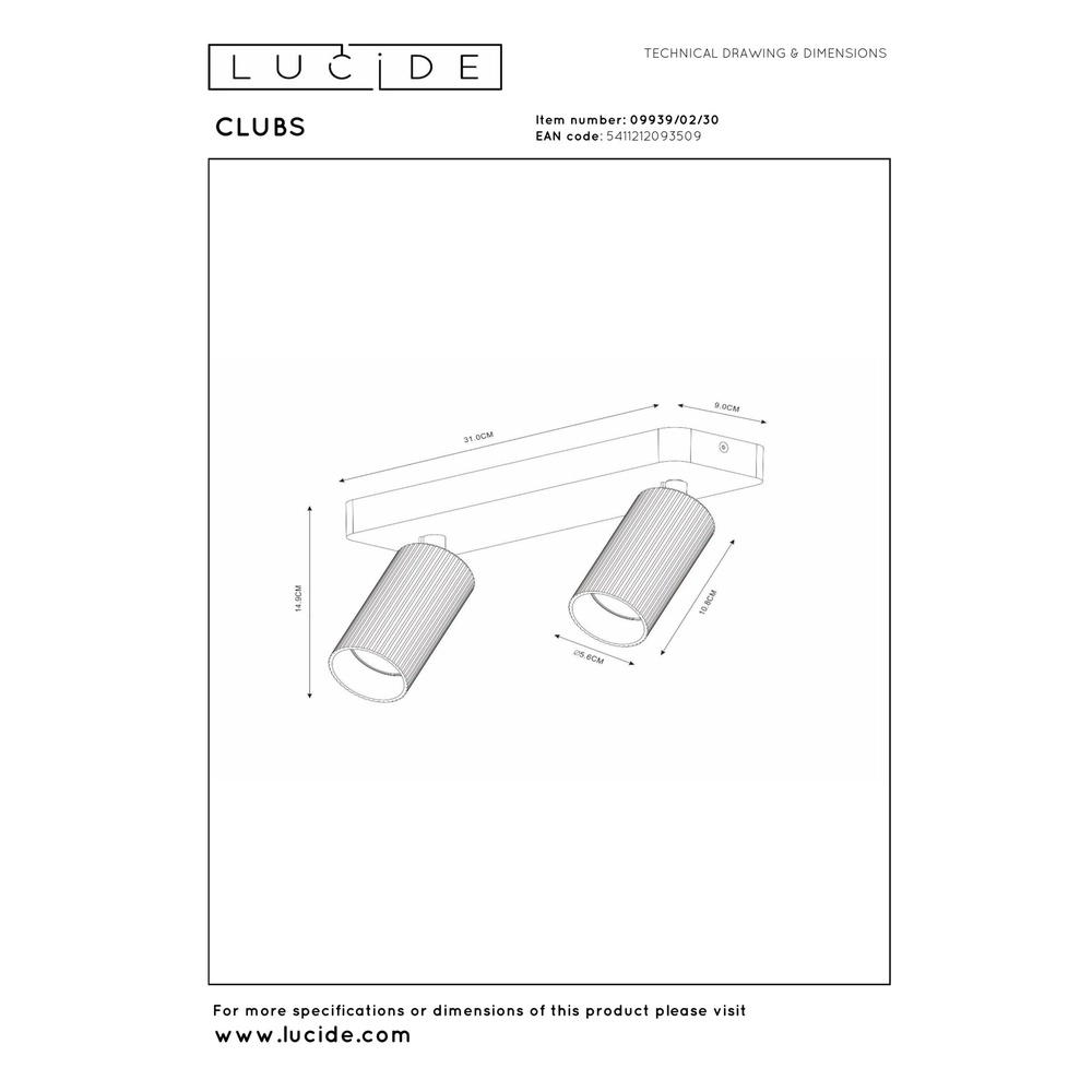Opbouw plafondspot Clubs 2-lichts zwart Lucide 5411212093509