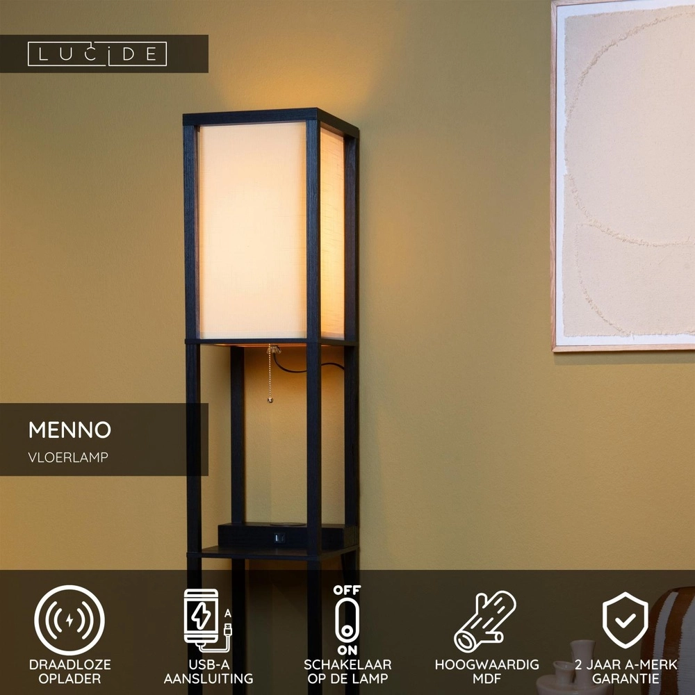 Vloerlamp Menno met draadloos oplaadpaneel zwart Lucide 5411212441607