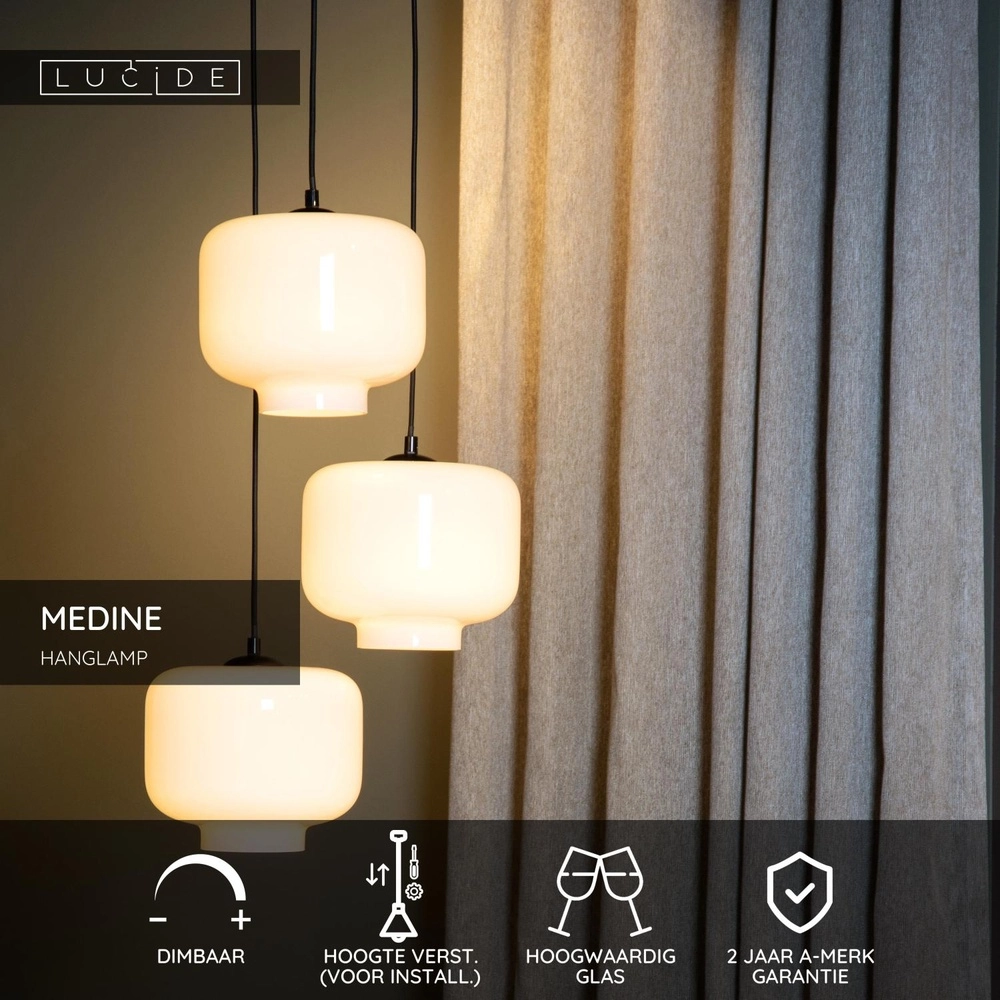 Hanglamp rond Medine 3-lichts zwart met opaal Lucide 5411212460981