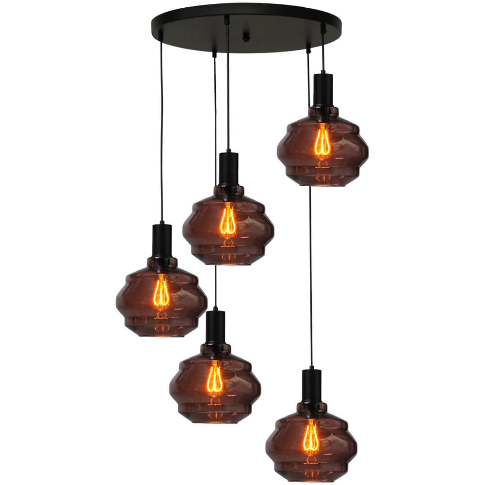 5-lichts vide hanglamp - zwart - Porto met Ball red glazen - Ø 24cm