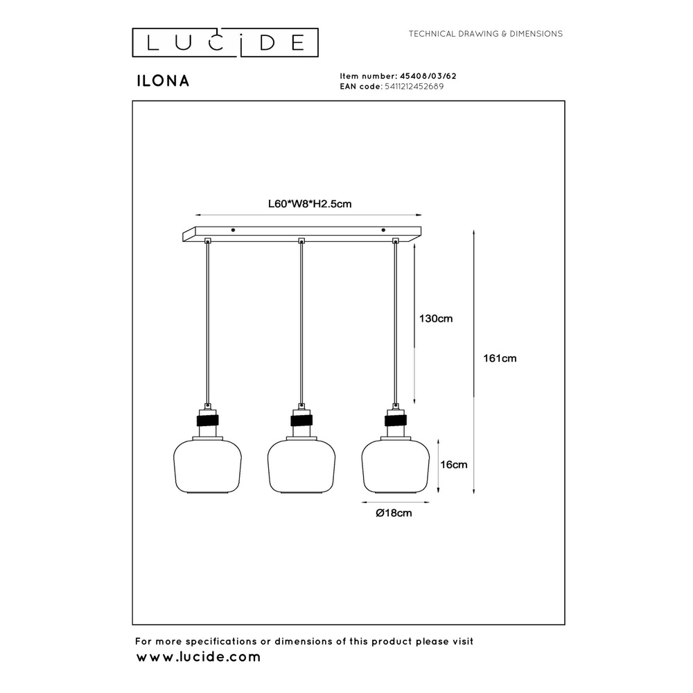 3-lichts hanglamp Ilona zwart met amber glas Lucide 5411212452689