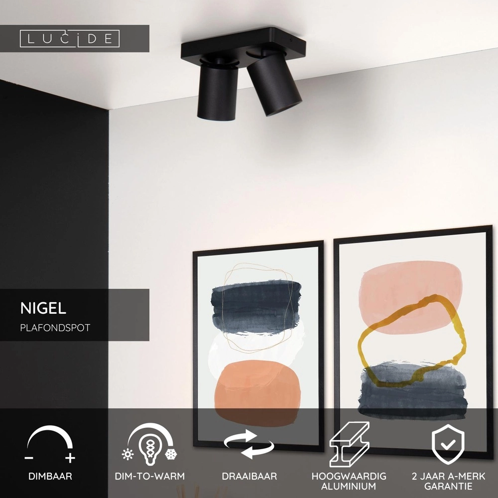 Plafondspot Nigel 2-lichts zwart Lucide 5411212092557