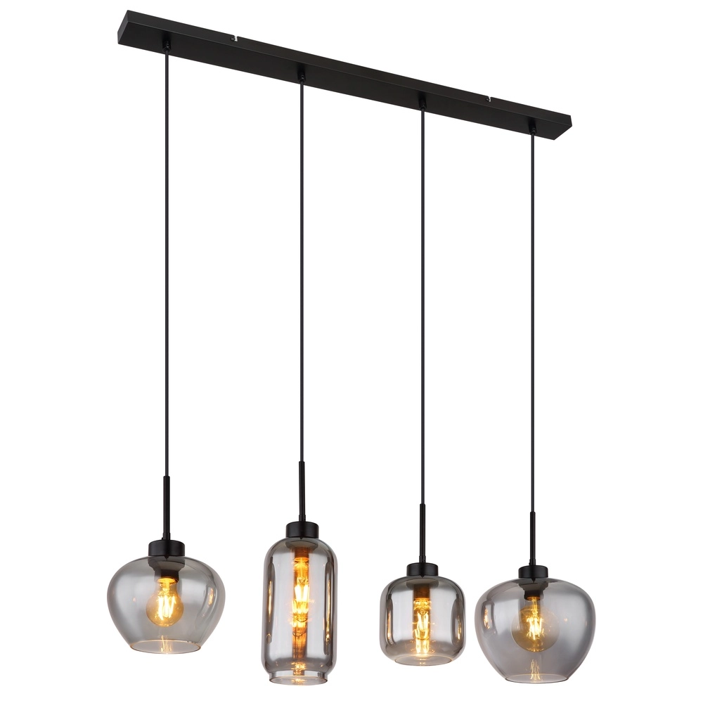 4-lichts hanglamp Matt zwart met smoke glas