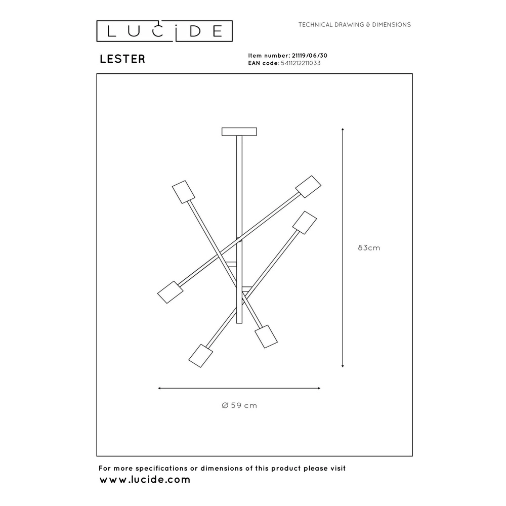 Plafondlamp Lester zwart 6-lichts Lucide 5411212211033
