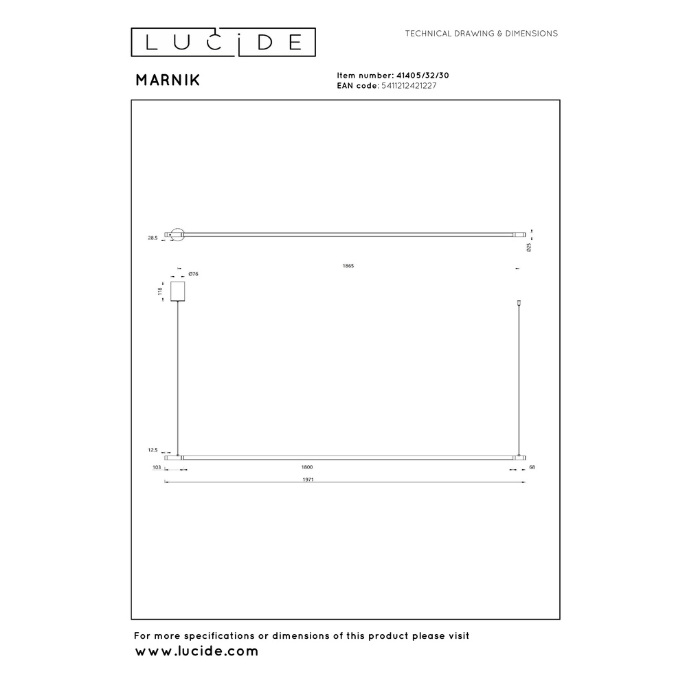 Strakke hanglamp Marnik zwart 200cm Premium by Lucide 5411212421227