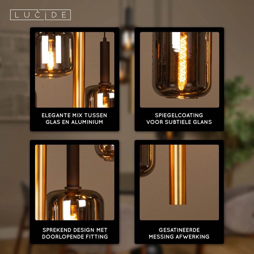 4-lichts hanglamp Joanet Ø 65cm goud met smoke glas Lucide 5411212452924