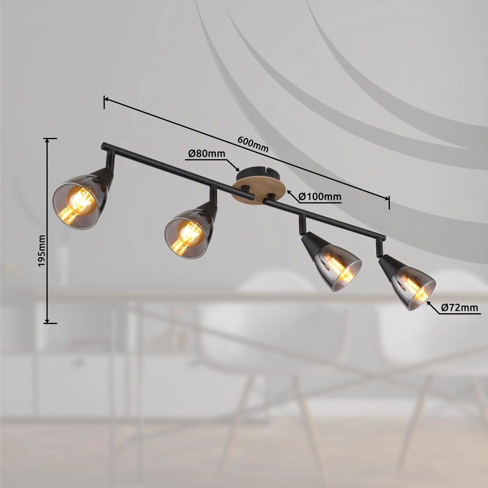 4-lichts plafondlamp Mubby zwart met houtlook Globo 9007371451869