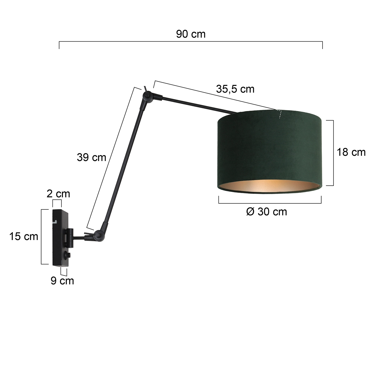 Wand Leeslamp Prestige Chic zwart met 30cm groen velourse kap Steinhauer 8712746145915