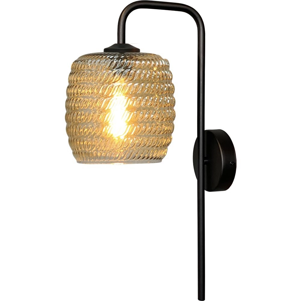 Zwarte wandlamp Quinto met geribd glas
