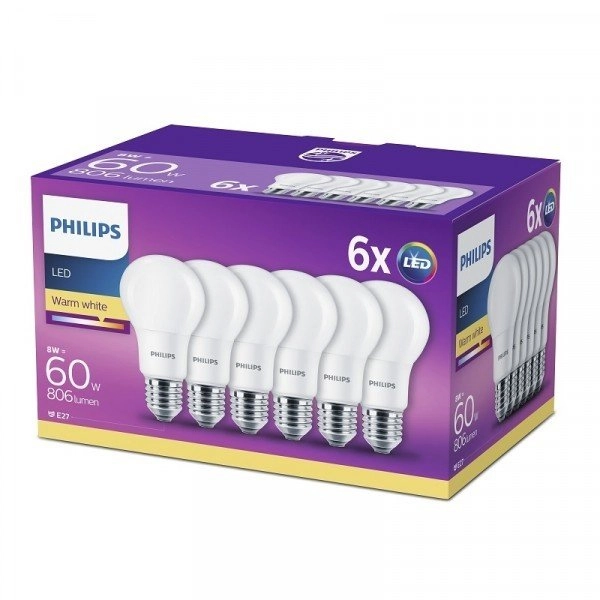 Lichtbron 8W - E27 - A60 - Led (6x)