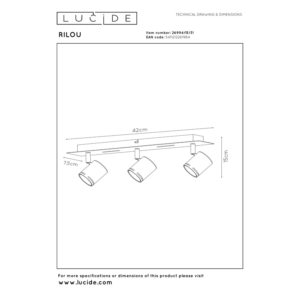 Plafondspot Rilou 3-lichts dimbaar wit Lucide 5411212261984