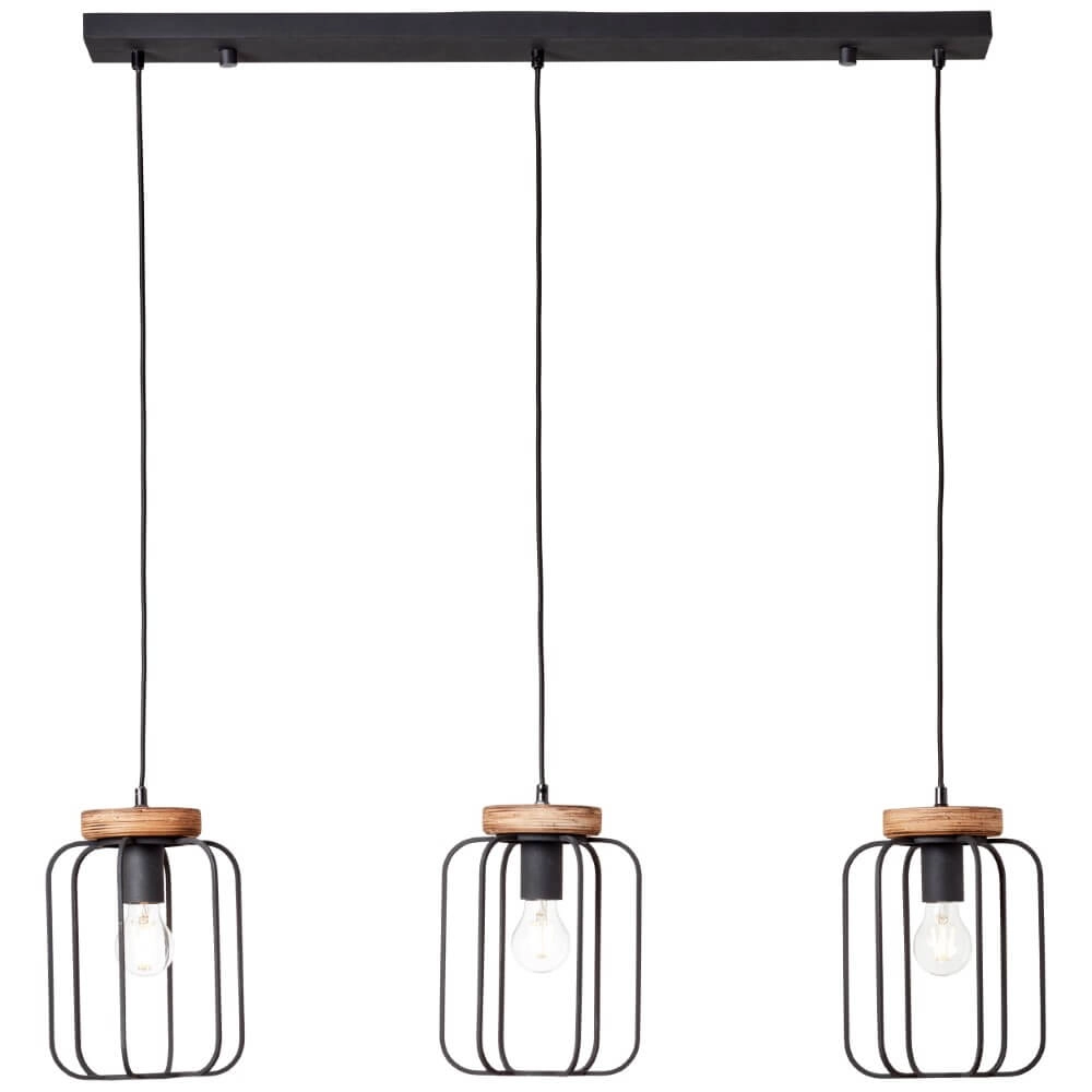 Hanglamp Tosh Beam 3-lichts zwart met houtbruin