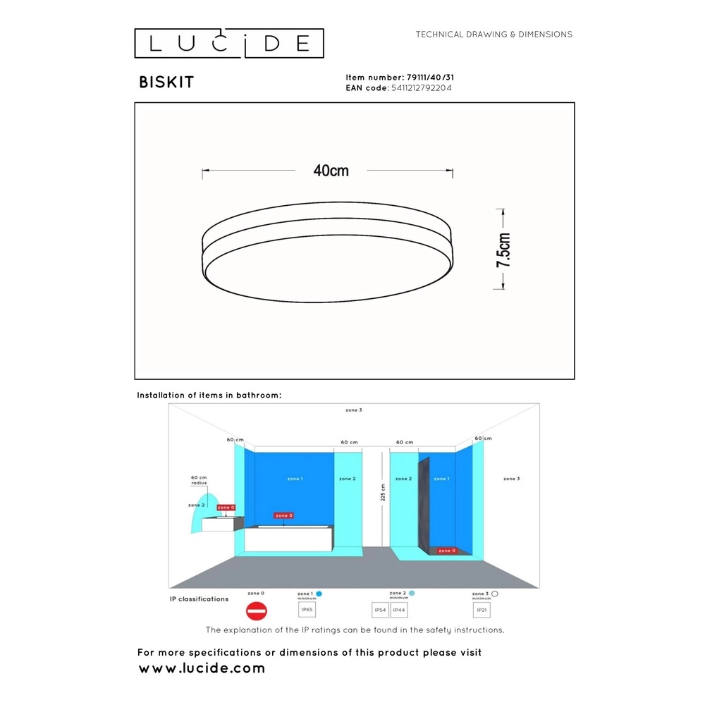 Plafonniere Biskit Ø 40cm - IP44 wit Lucide 5411212792204