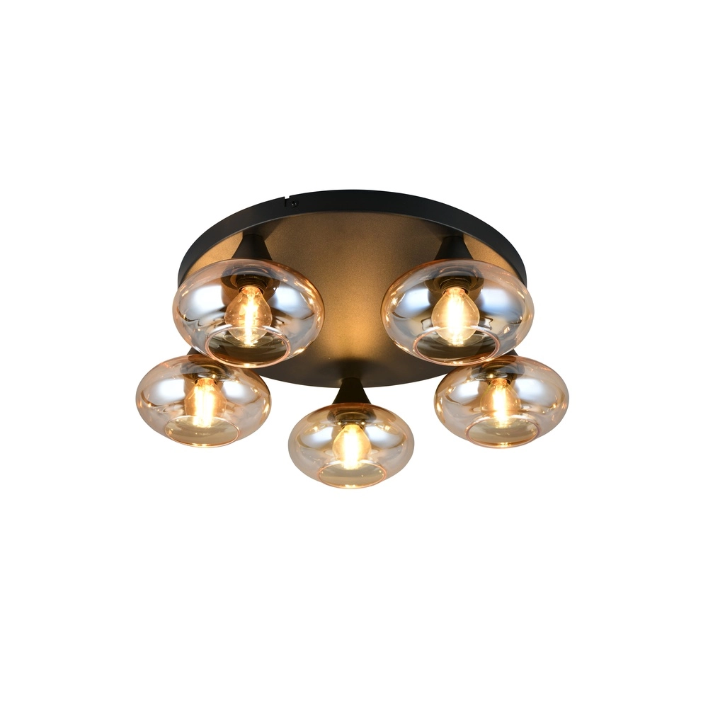 Plafondlamp Divina 5-lichts zwart met amber glas