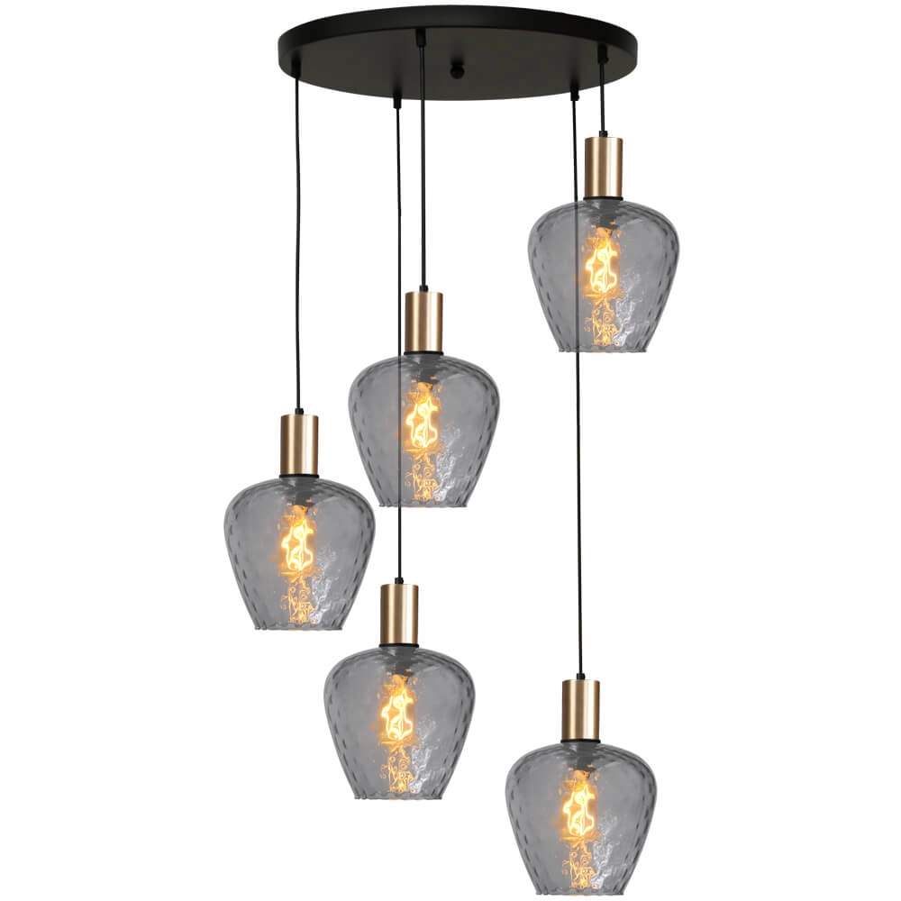 5-lichts vide hanglamp - goud - Porto met Diamond smoke glazen