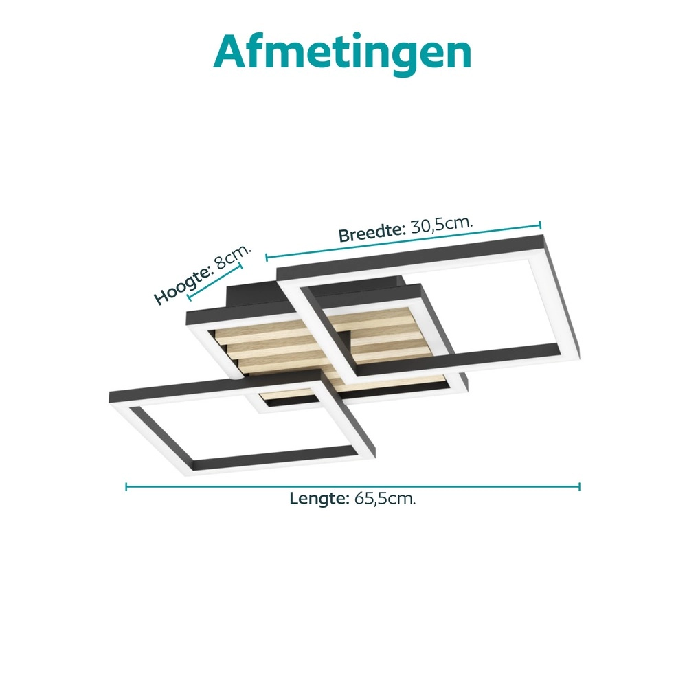 Moderne plafondlamp Cembrano zwart met hout vierkant 65,5cm Eglo 9008606388233