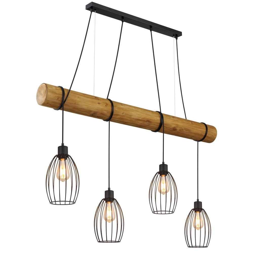 Landelijke hanglamp Berti 4-lichts hout met zwart