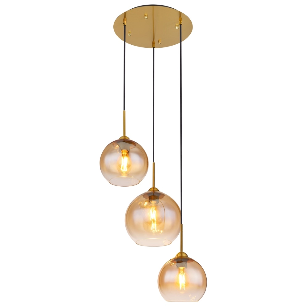 Gouden hanglamp Jamessa 3-lichts met amber glas