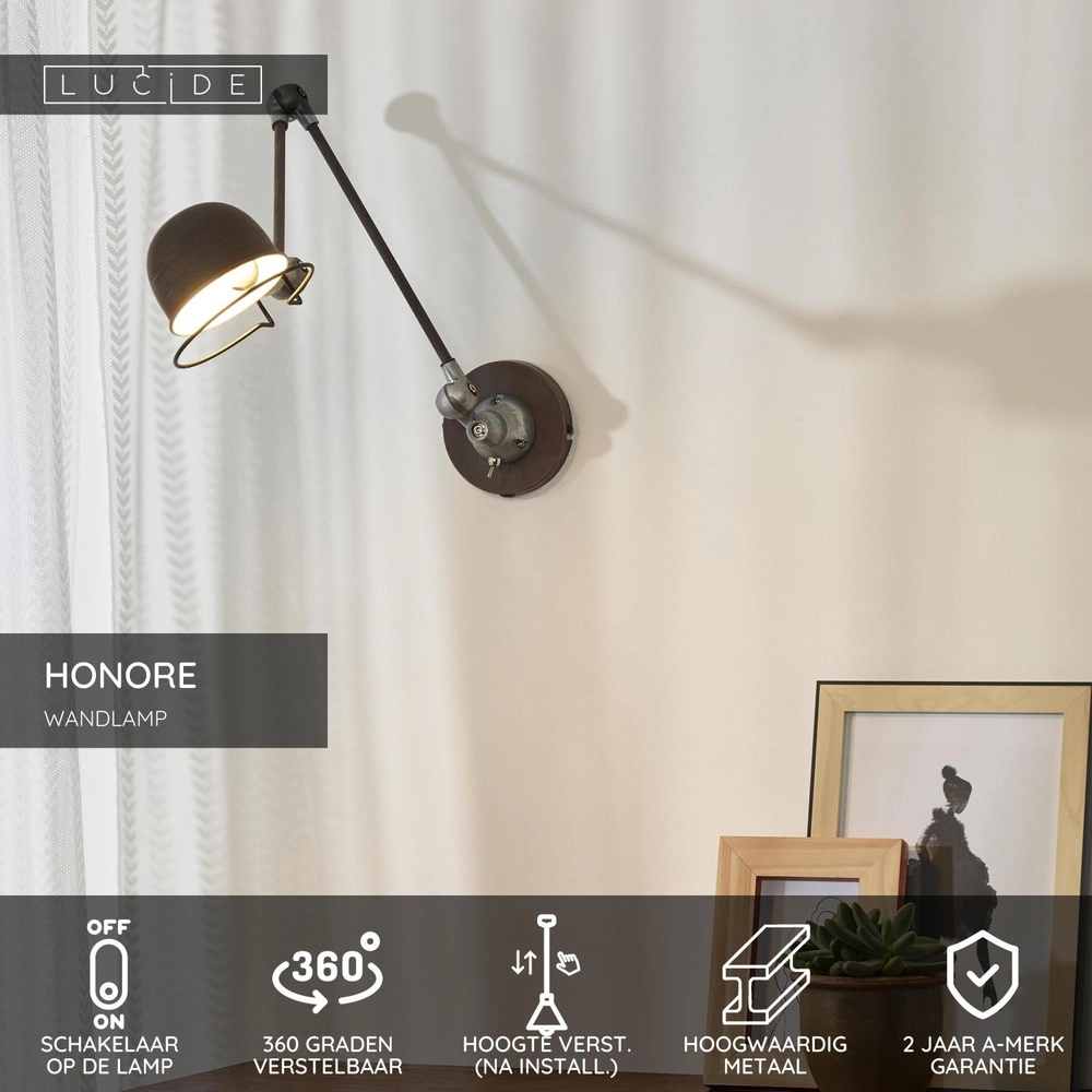 Uitklapbare wandlamp Honore klassiek roestbruin Lucide 5411212450388