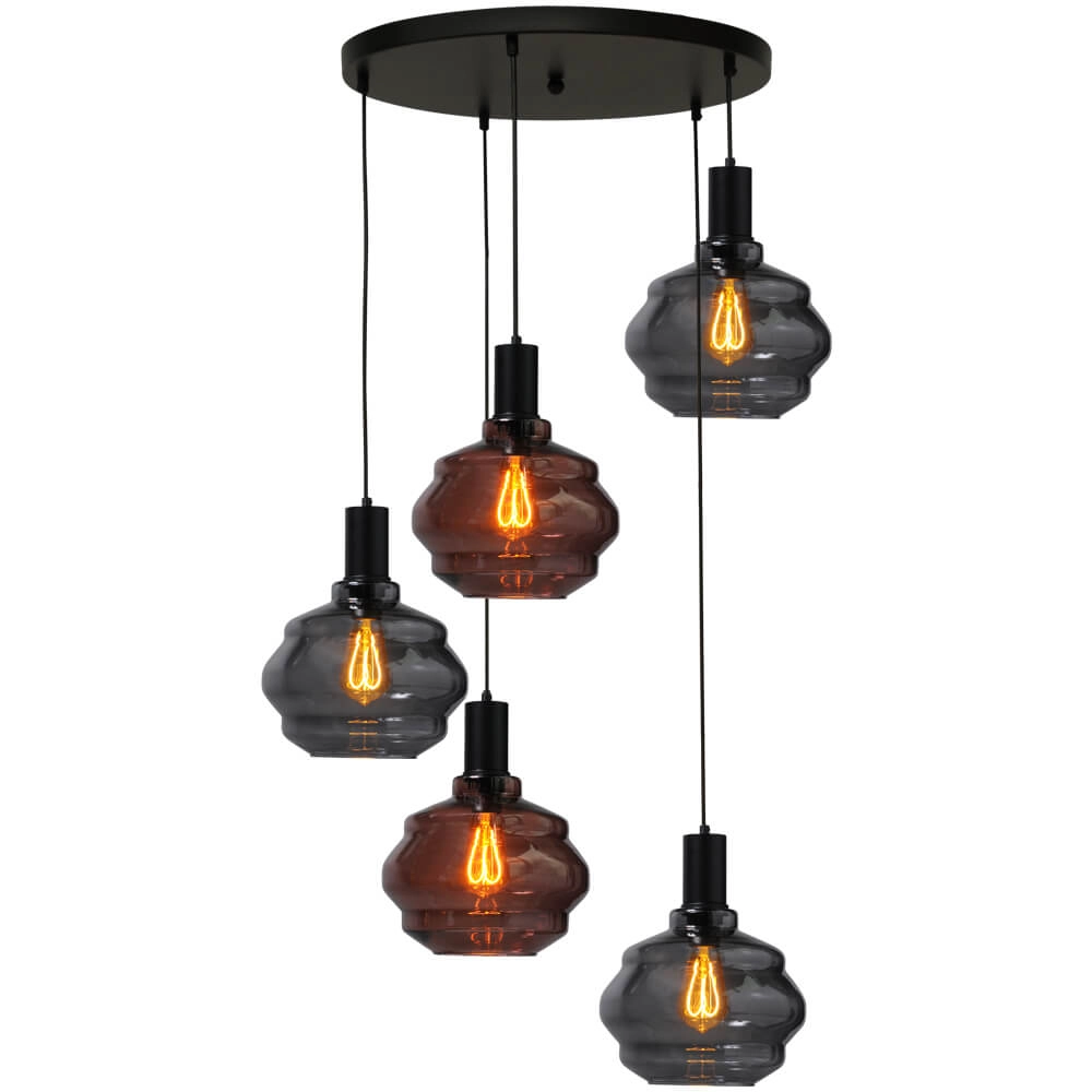 5-lichts vide hanglamp - zwart - Porto met Ball glazen