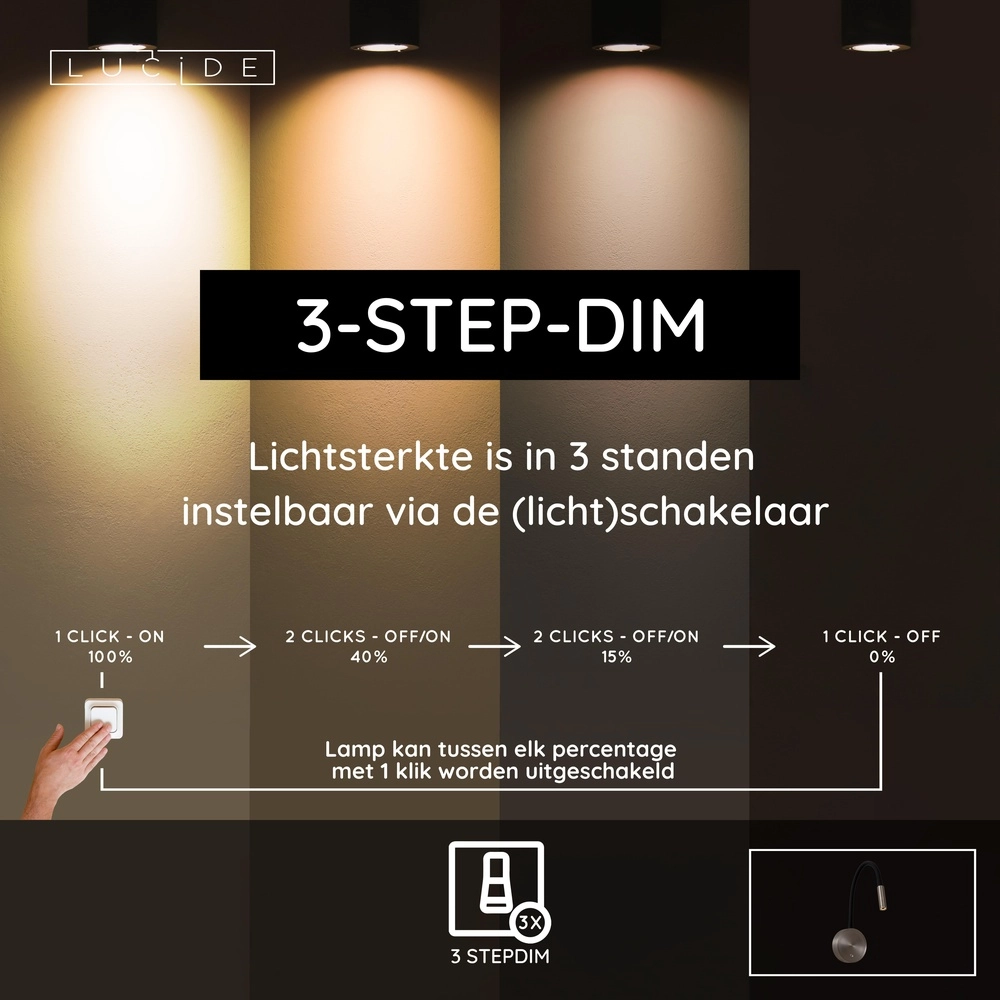Bedlampje Asja dimbaar geborsteld metaal Premium by Lucide 5411212421197