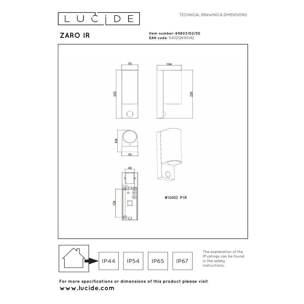 Wandspot Zaro up & down zwart met sensor Lucide 5411212690142