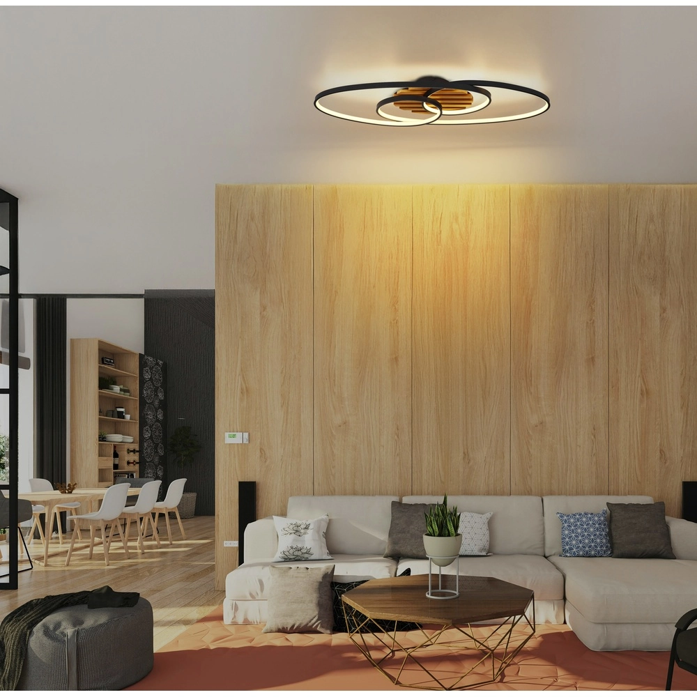 Ovale plafondlamp Tisha I zwart met hout Globo 9007371572281