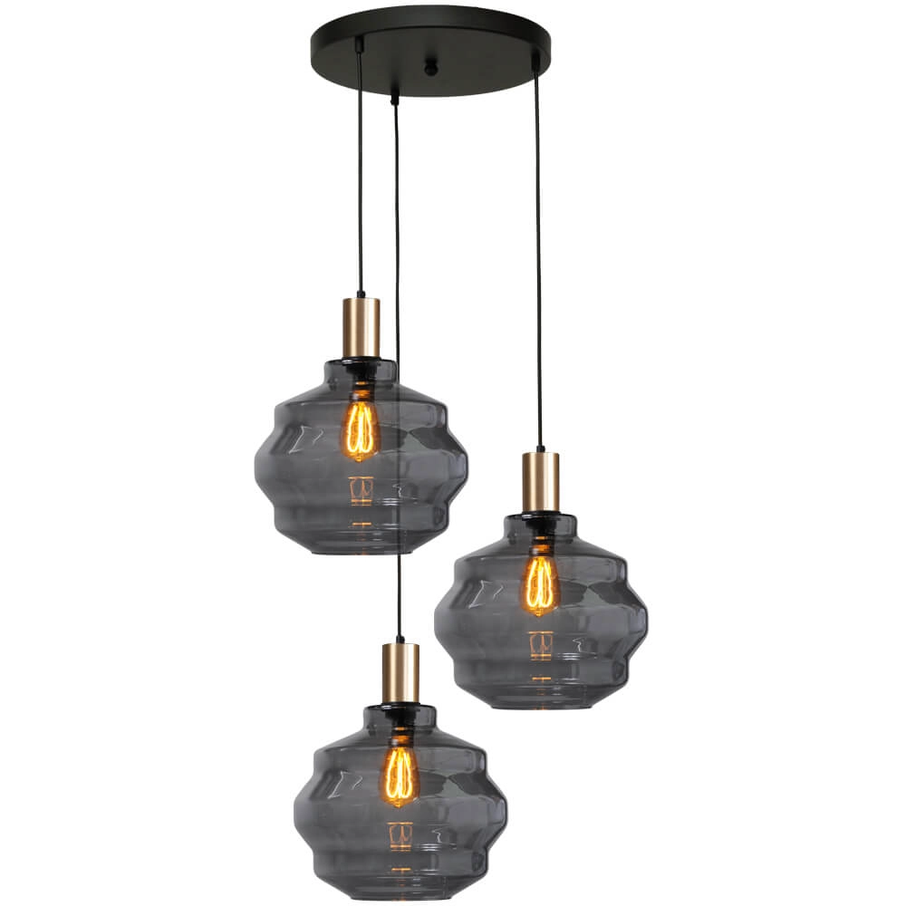 3-lichts vide hanglamp - goud - Porto met Ball smoke glazen - Ø 30cm