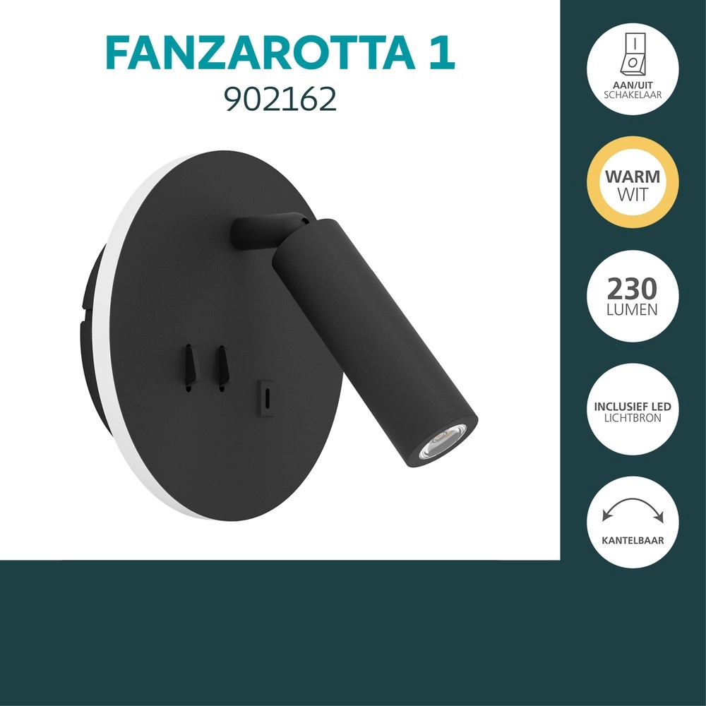 Bedlampje Fanzarotta 1 zwart rond Eglo 9008606356829