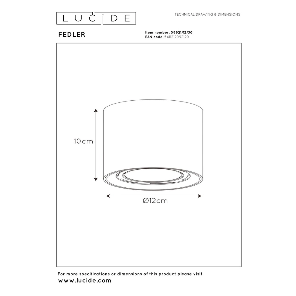 Plafondspot Ø 12cm Fedler GU10 ES111 zwart Lucide 5411212092120