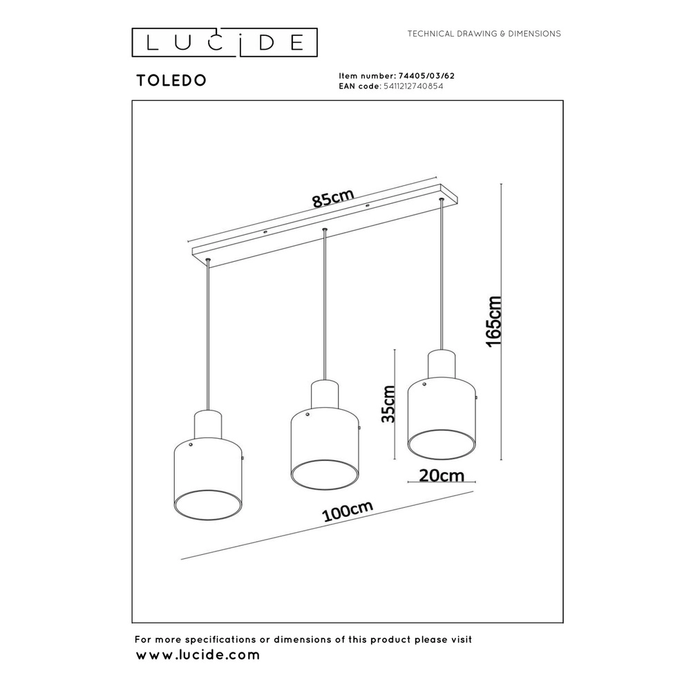 Hanglamp Toledo 3-lichts amber glas Lucide 5411212740854