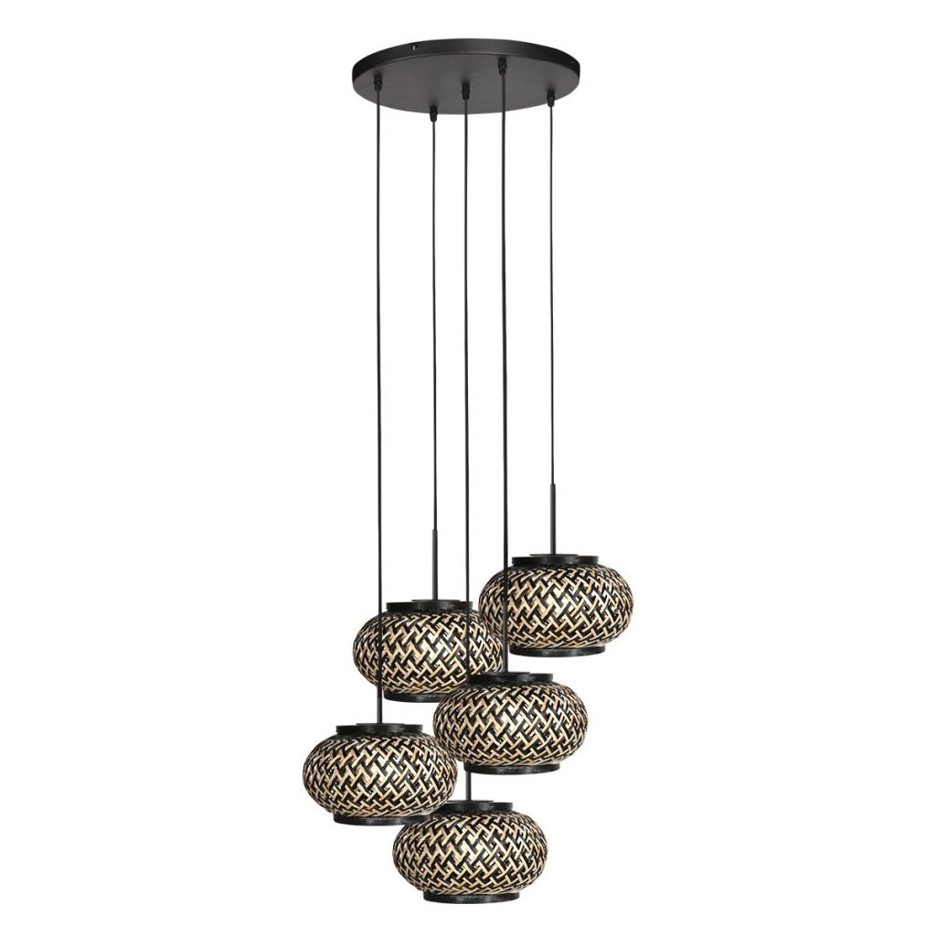 5-lichts hanglamp Nox Light met bamboe kappen