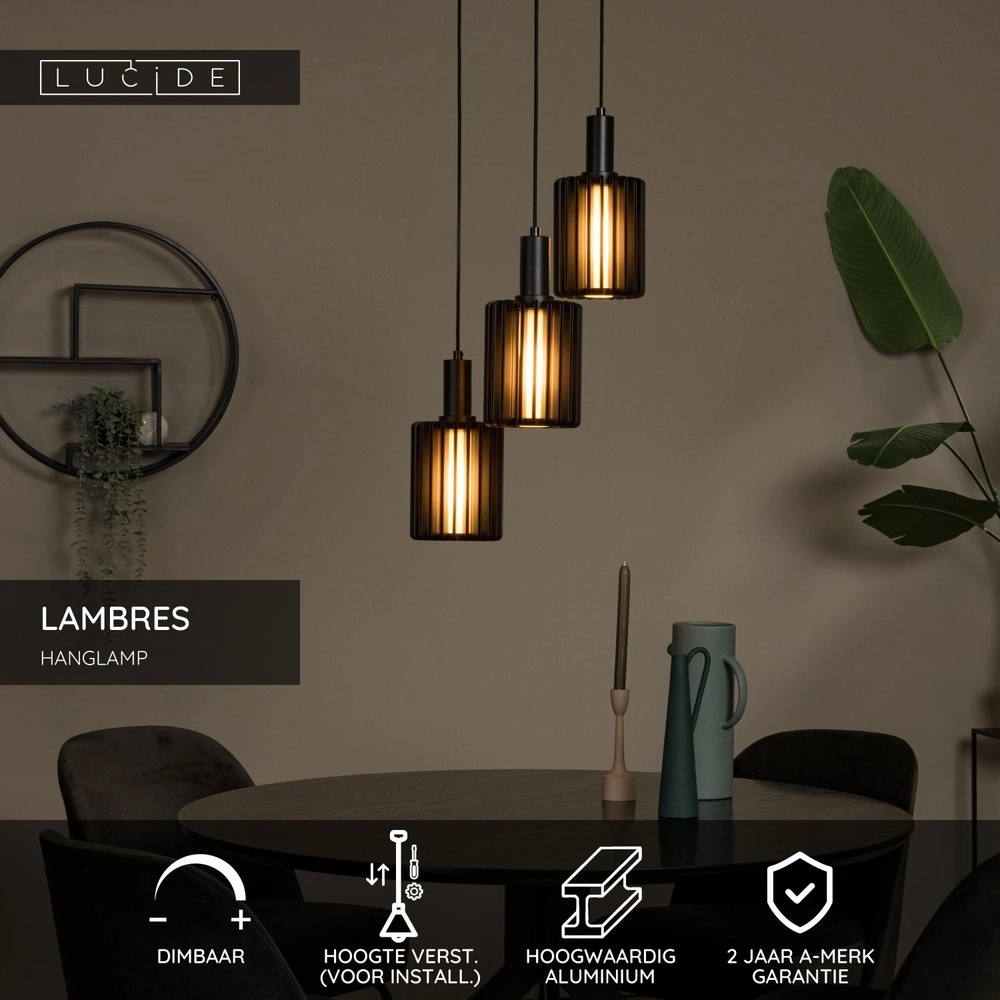 3-lichts hanglamp Lambres zwart Lucide 5411212452900
