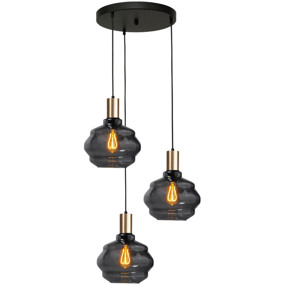 3-lichts vide hanglamp - goud - Porto met Ball smoke glazen - Ø 24cm