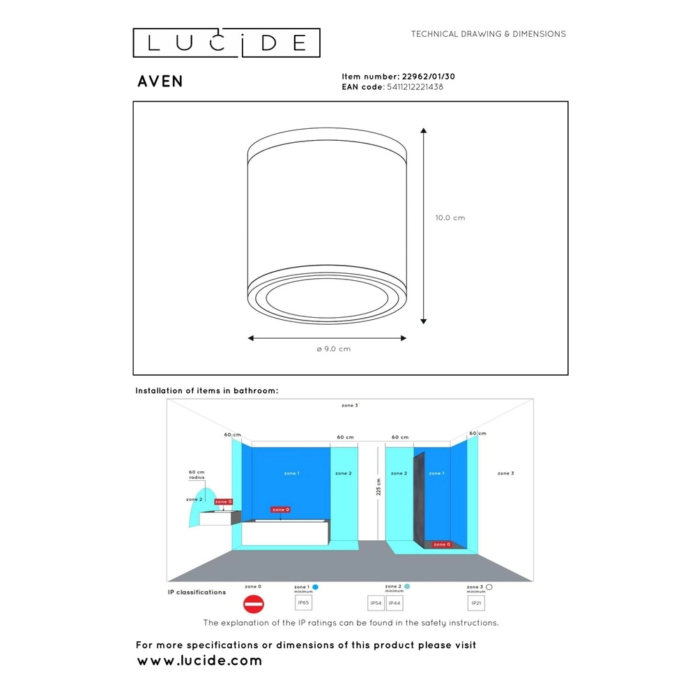 Plafondspot Aven badkamer IP65 zwart Lucide 5411212221438
