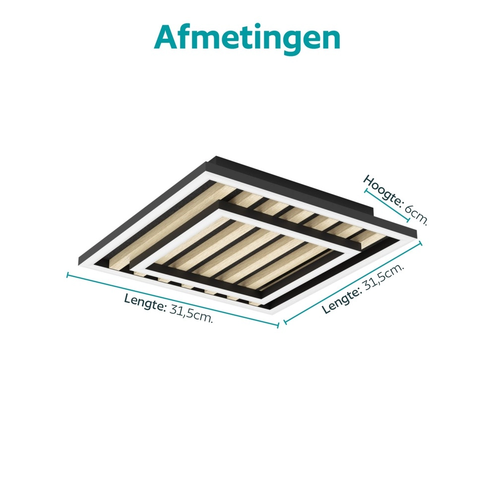 Moderne plafondlamp Cembrano zwart met hout vierkant 31,5 x 31,5cm Eglo 9008606388219