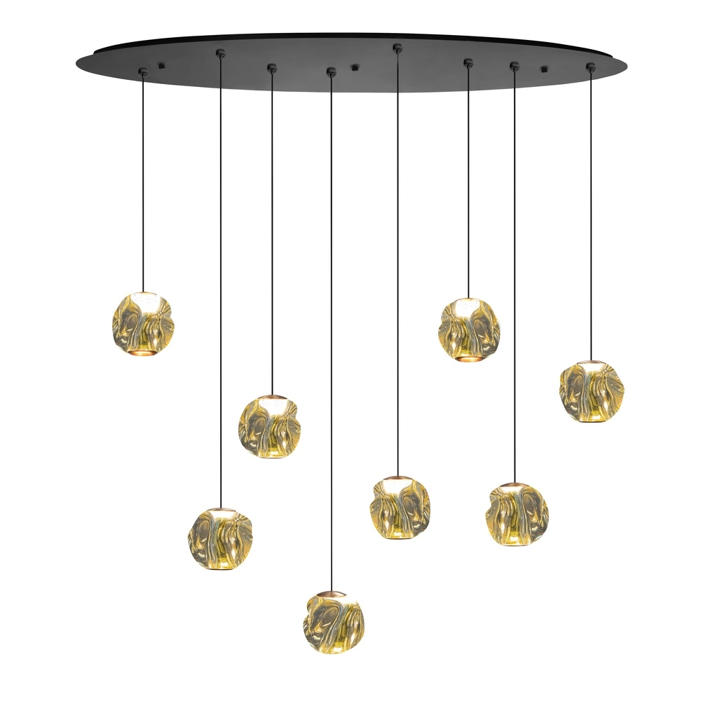 Hanglamp Melina zwart met amber glas ovaal 8-lichts