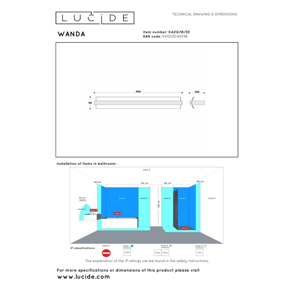 Wandlamp Wanda 60cm zwart Lucide 5411212040596