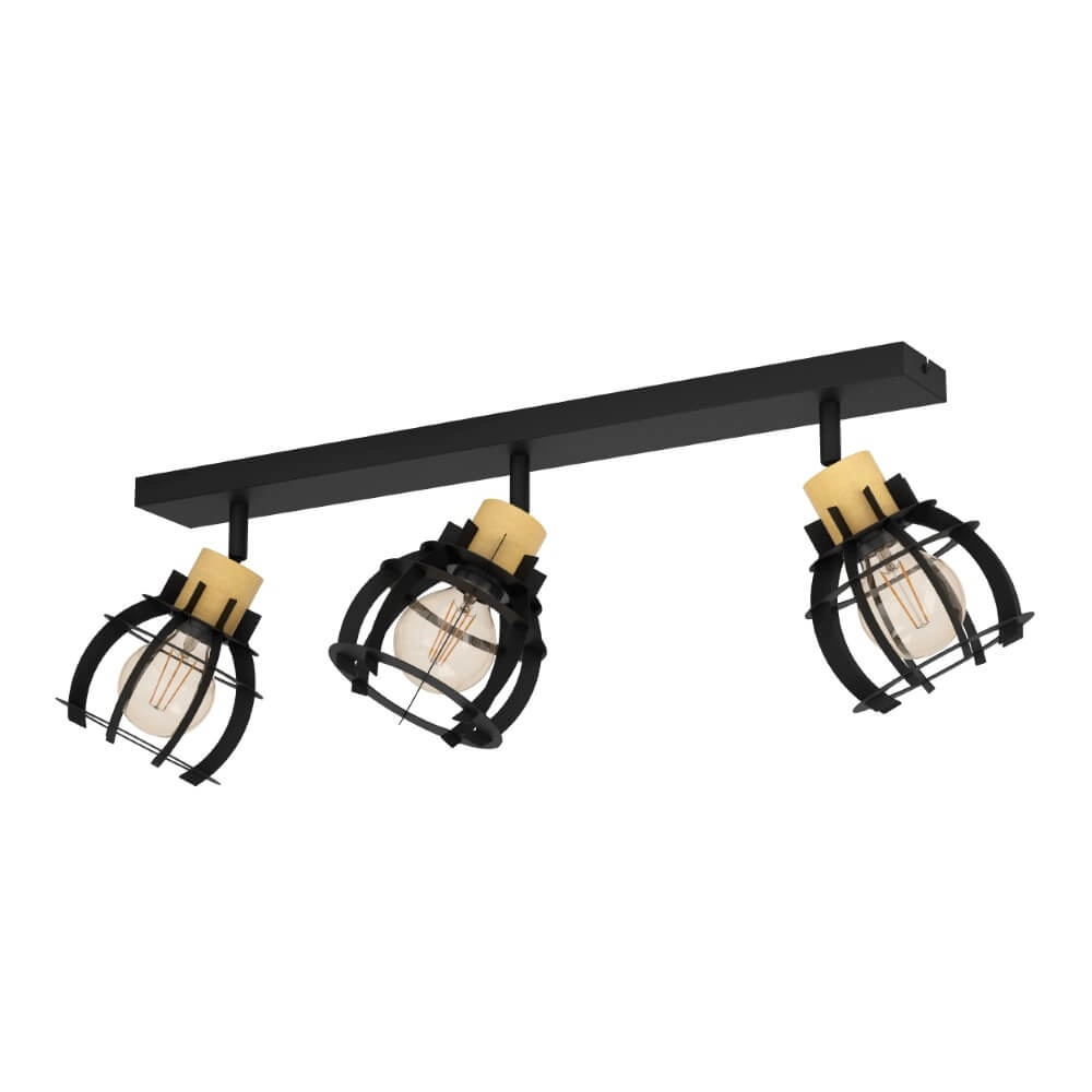 3-lichts plafondlamp Stillington 1 zwart met hout