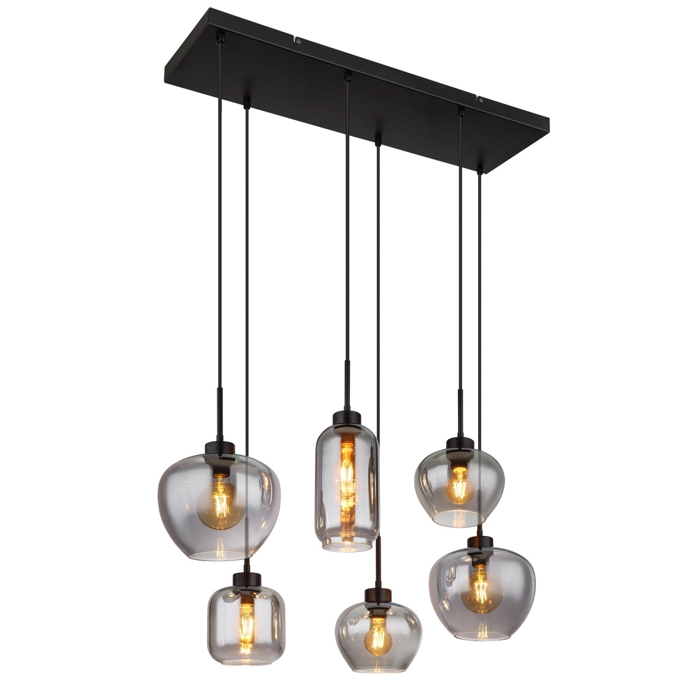 6-lichts hanglamp Matt zwart met smoke glas