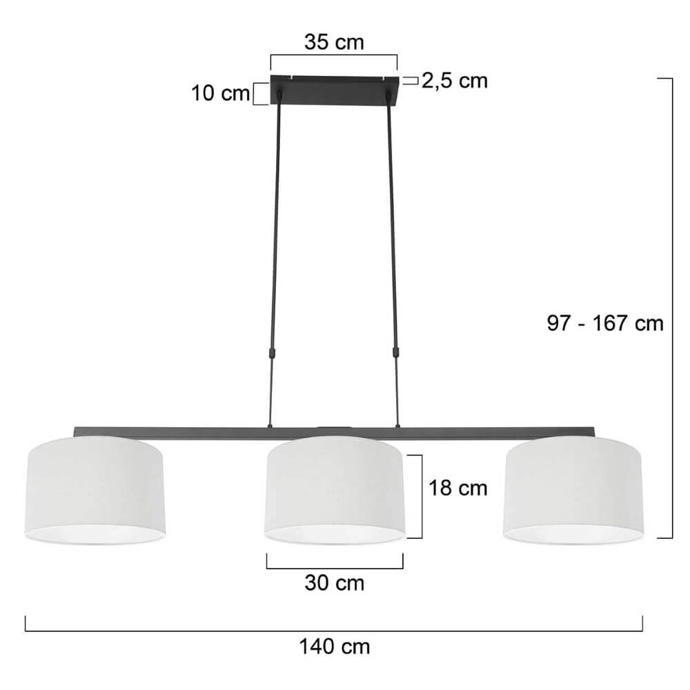 Zwarte hanglamp Stang met witte linnen kappen Steinhauer 8712746165777