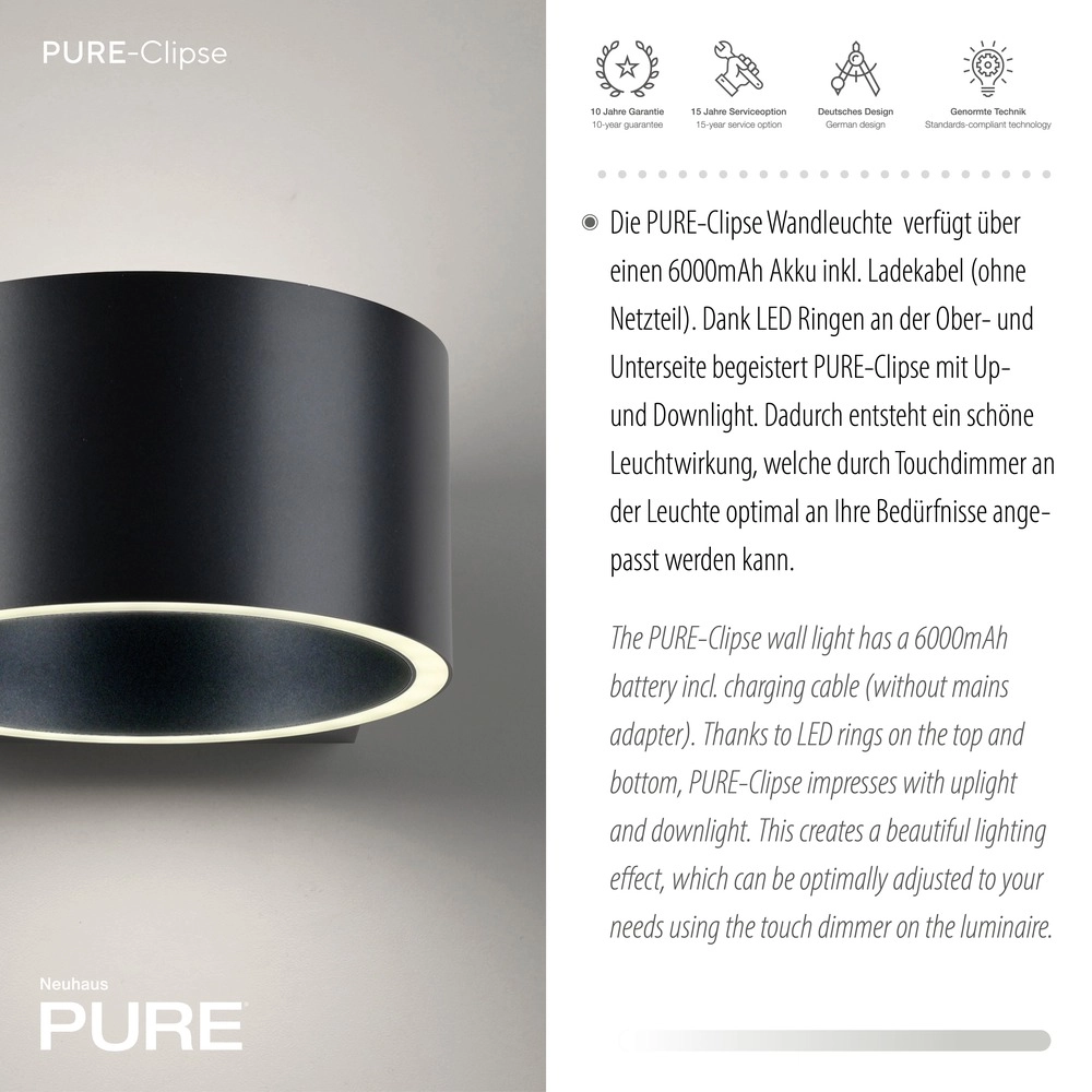 Oplaadbare wandlamp Pure Akku Clipse Mystic grey Paul Neuhaus 4012248391754