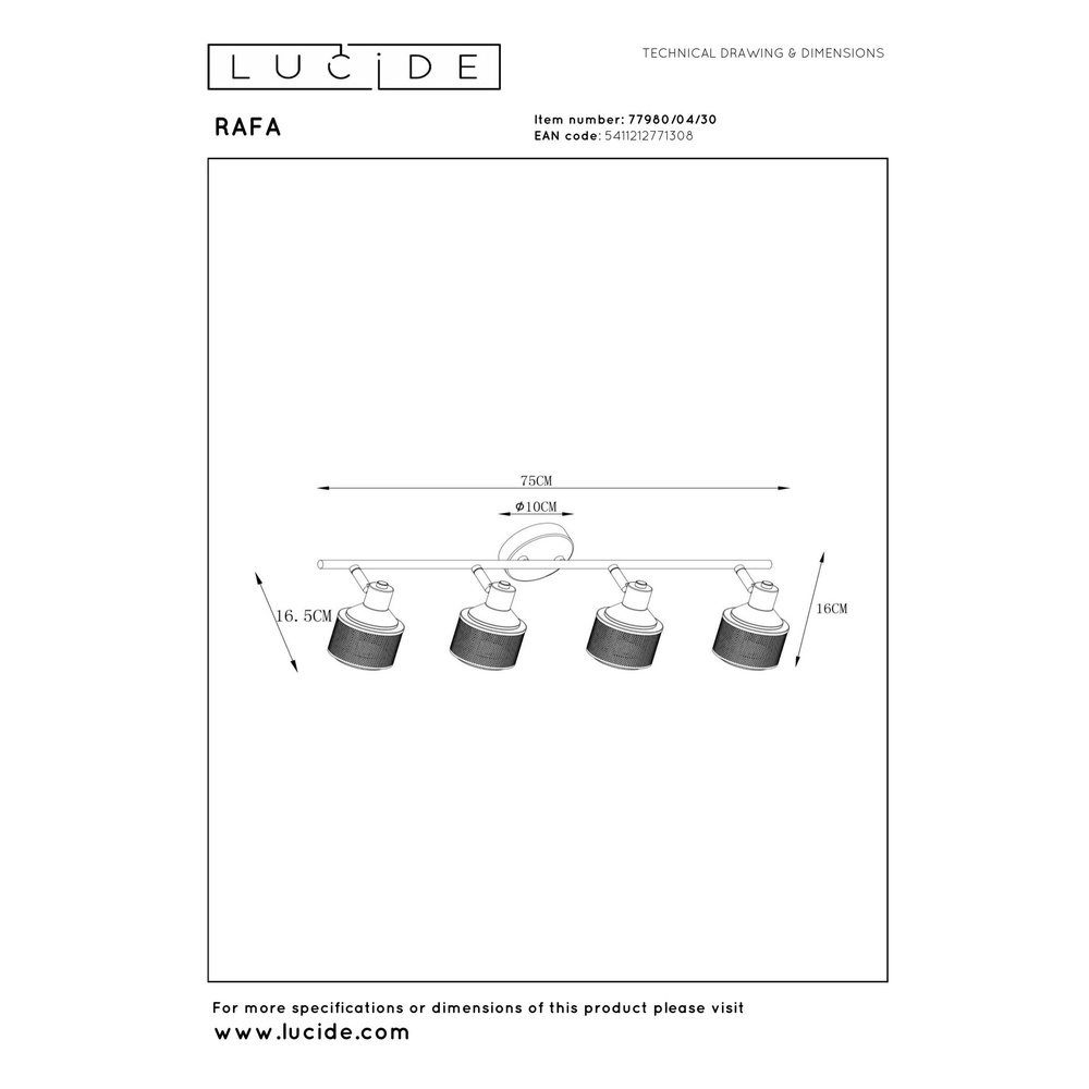Plafondlamp Rafa 4-lichts zwart met koper Lucide 5411212771308