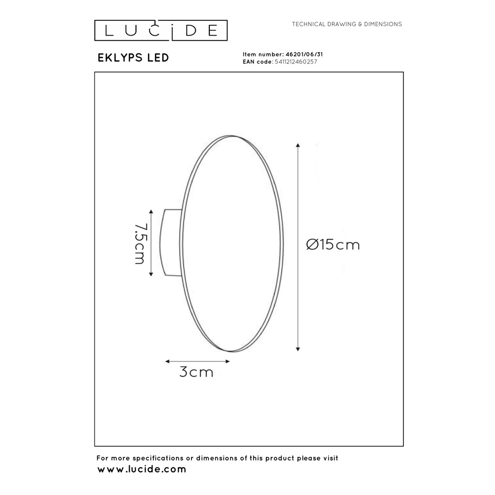 Design wandlamp Eklyps Led Ø 15cm wit Lucide 5411212460257