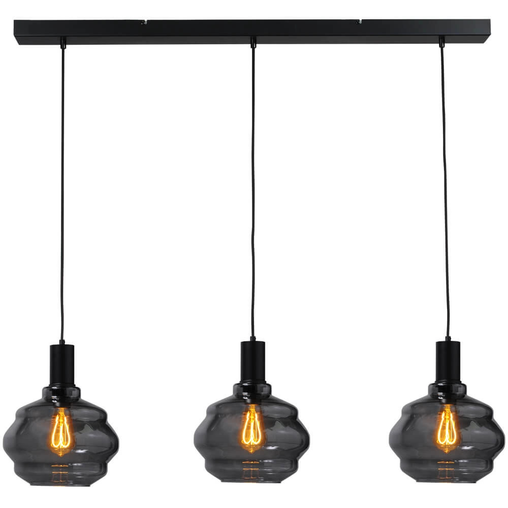 3-lichts hanglamp - zwart - Porto met Ball smoke glazen - Ø 24cm