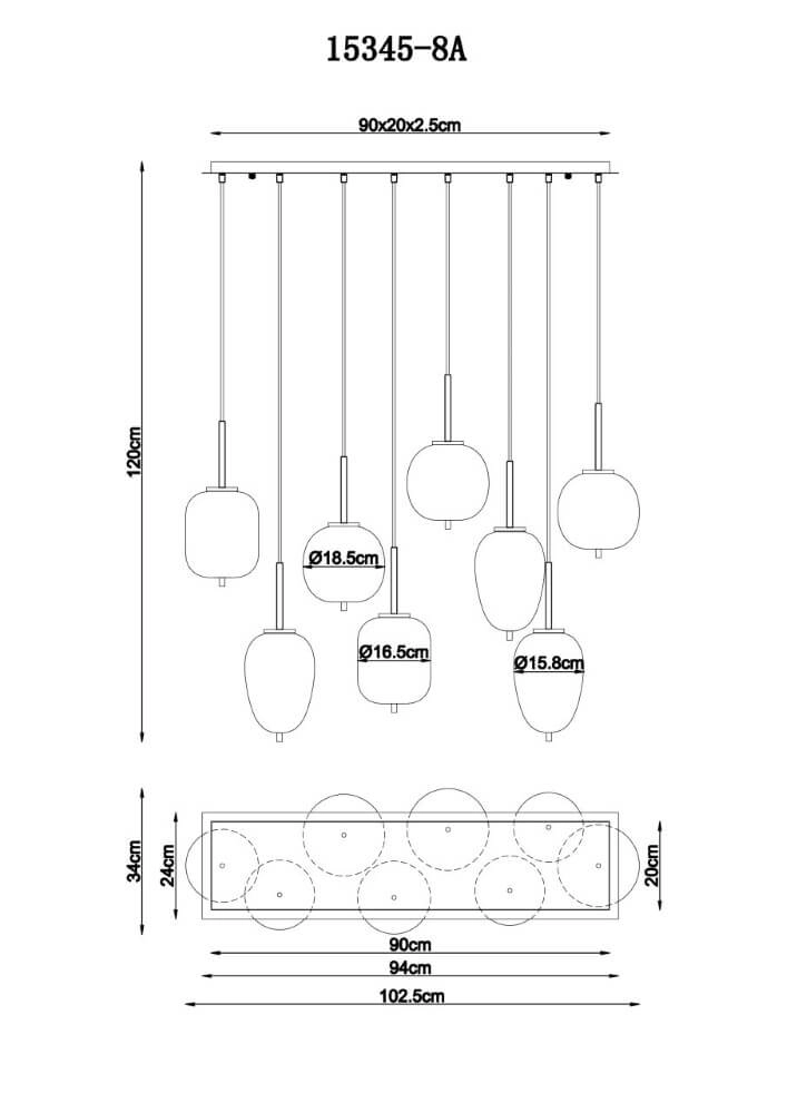 8-lichts hanglamp Blacky zwart Globo 9007371443703