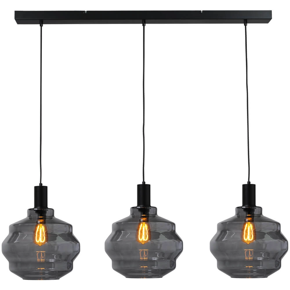 3-lichts hanglamp - zwart - Porto met Ball smoke glazen - Ø 30cm